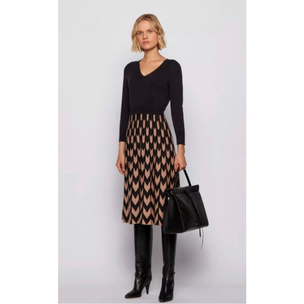 Hugo Boss Fetra Dress Midi Length V-Neck Long Sleeve Knit Sweater Chevron XS